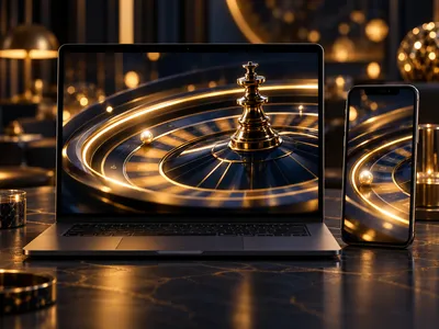 Laptop and phone side by side streaming an abstract live roulette feed bathed in warm gold cinematic glow on dark navy backgr
