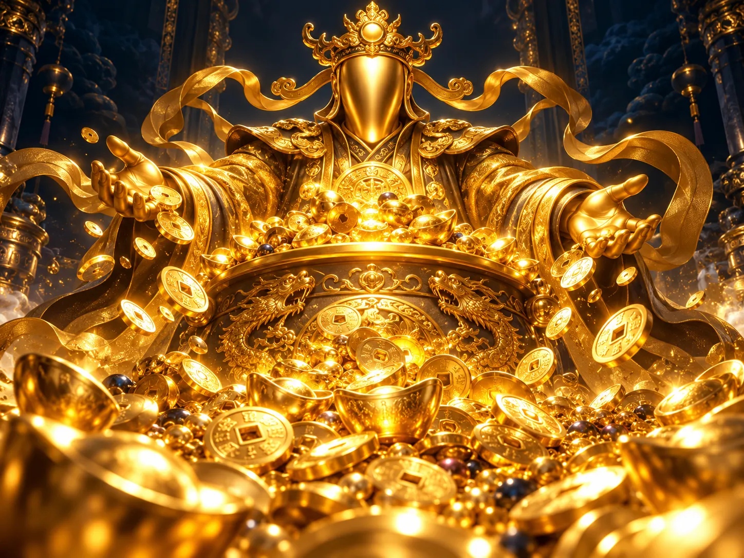 Gleaming 3D golden fortune deity idol surrounded by cascading jackpot coins on dark navy-charcoal background with dramatic ci