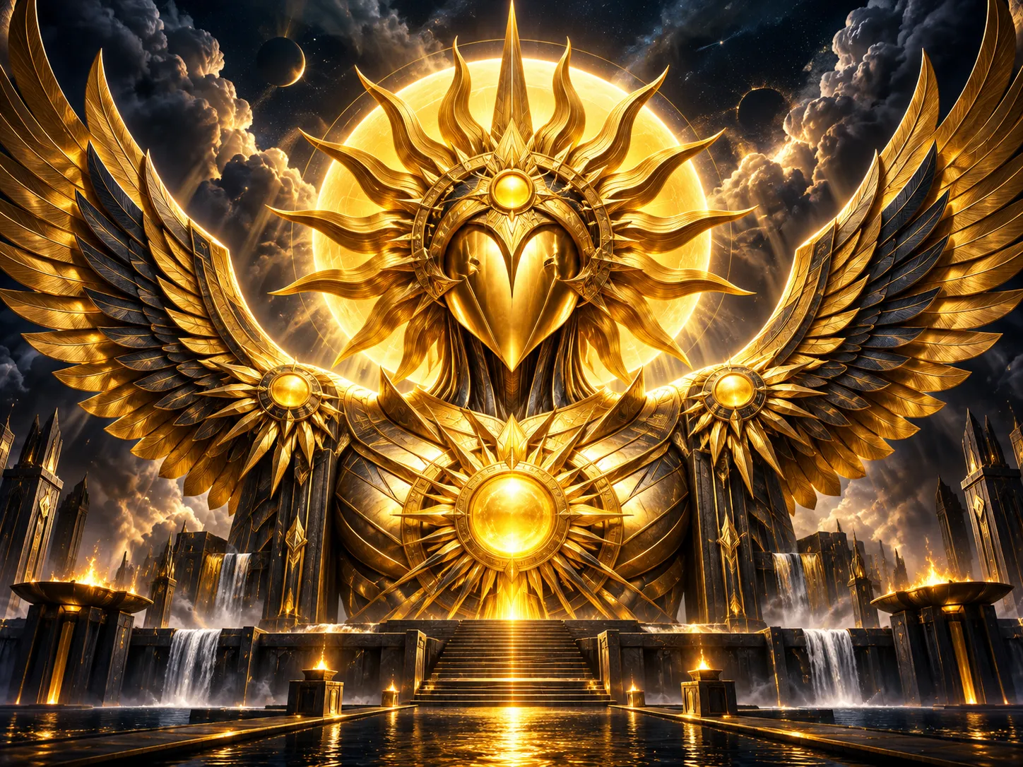 Majestic golden winged sun deity radiating warm light against a dark navy-charcoal sky with dramatic cinematic lighting