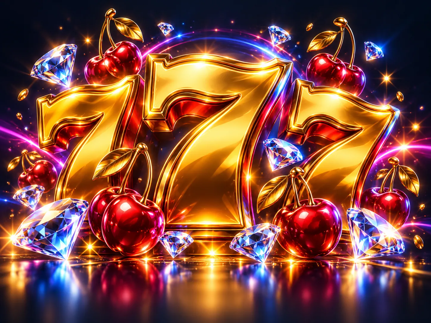 Glossy 3D retro slot symbols featuring gold sevens, cherries and diamonds glowing with neon light on dark navy background