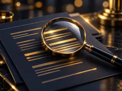 Photorealistic 3D magnifying glass over dark document with gold highlighted lines on deep navy background, cinematic editoria