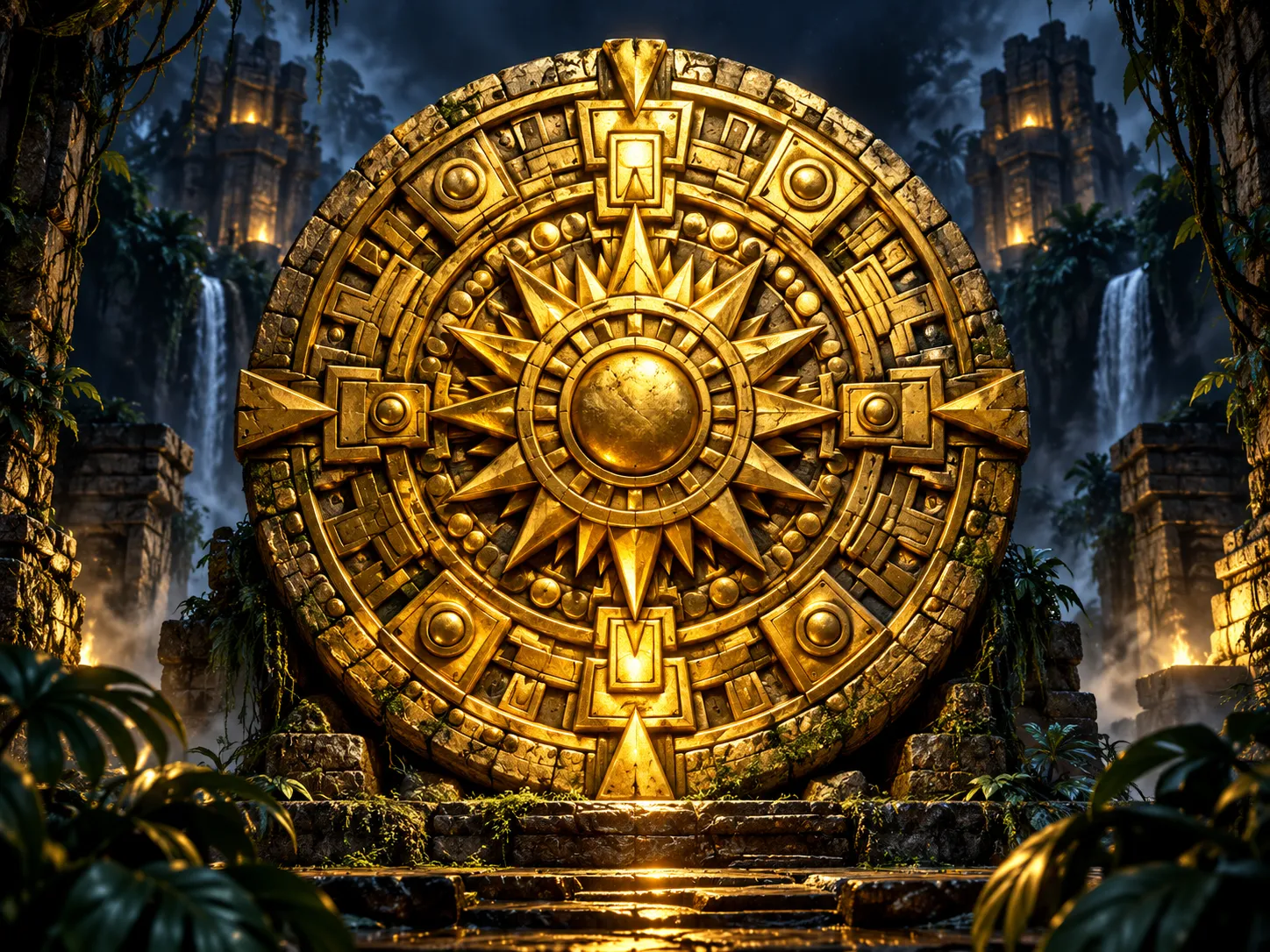 Glossy 3D golden Mayan calendar stone centred in dark jungle ruins with dramatic cinematic lighting and warm gold accents