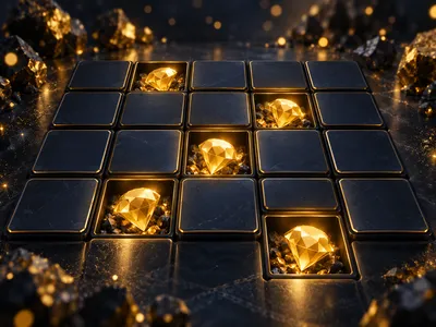 Premium 3D render of a dark navy tile grid with glowing gold gem reveals in a mines-style instant casino game, cinematic ligh