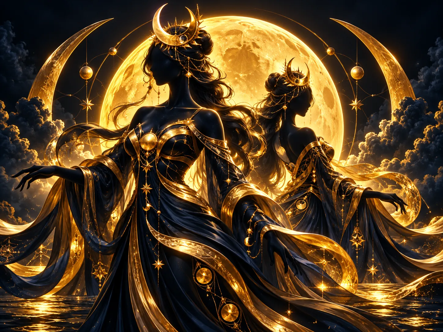 Two mystical moon goddess silhouettes rendered in warm gold against a dark navy-charcoal background with dramatic cinematic l