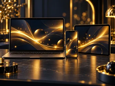 Laptop, phone and tablet aligned on dark navy desk with warm golden UI glow and soft bokeh lighting