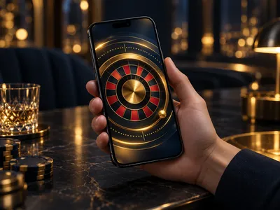 Photorealistic 3D render of a smartphone displaying an abstract roulette wheel UI held over a dark navy table with golden bok