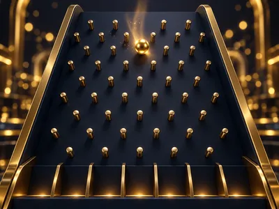 Photorealistic 3D plinko board with golden pegs and a glowing ball on a dark navy background with cinematic lighting