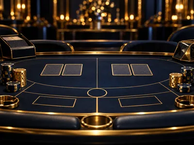 Photorealistic 3D baccarat table with gold trim and face-down cards on a dark navy background with cinematic lighting