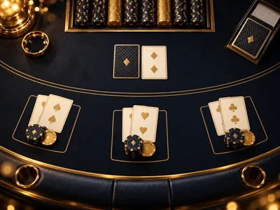 Aerial view of a luxury blackjack table featuring gold-rimmed cards and chips on dark felt with cinematic bokeh lighting