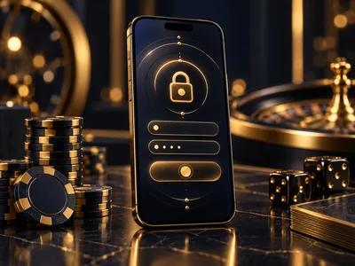 Photorealistic 3D render of a smartphone displaying an abstract gold line login screen on a dark navy-charcoal background wit