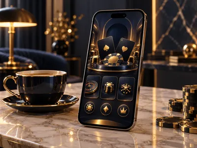 Premium online casino app on smartphone resting on marble desk beside coffee cup, dark navy background with gold accents