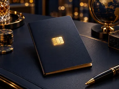 Photorealistic 3D passport-shaped dark card with glowing gold chip on navy desk, cinematic bokeh lighting