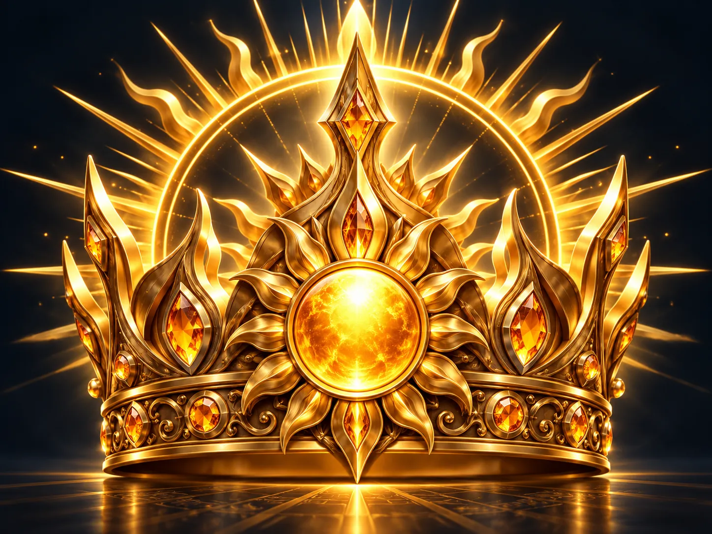 Ornate glossy golden sun queen crown with dramatic radiating rays centred on deep navy-charcoal background, cinematic 3D rend