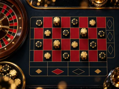 Top-down cinematic view of a roulette betting layout with gold chips on red and black numbers, dark navy background with warm