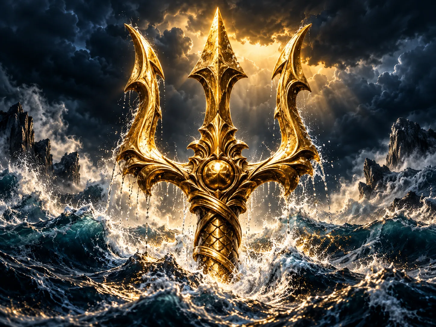 Gleaming golden trident rising from dark stormy ocean waves, dramatic cinematic lighting on navy-charcoal background with glo