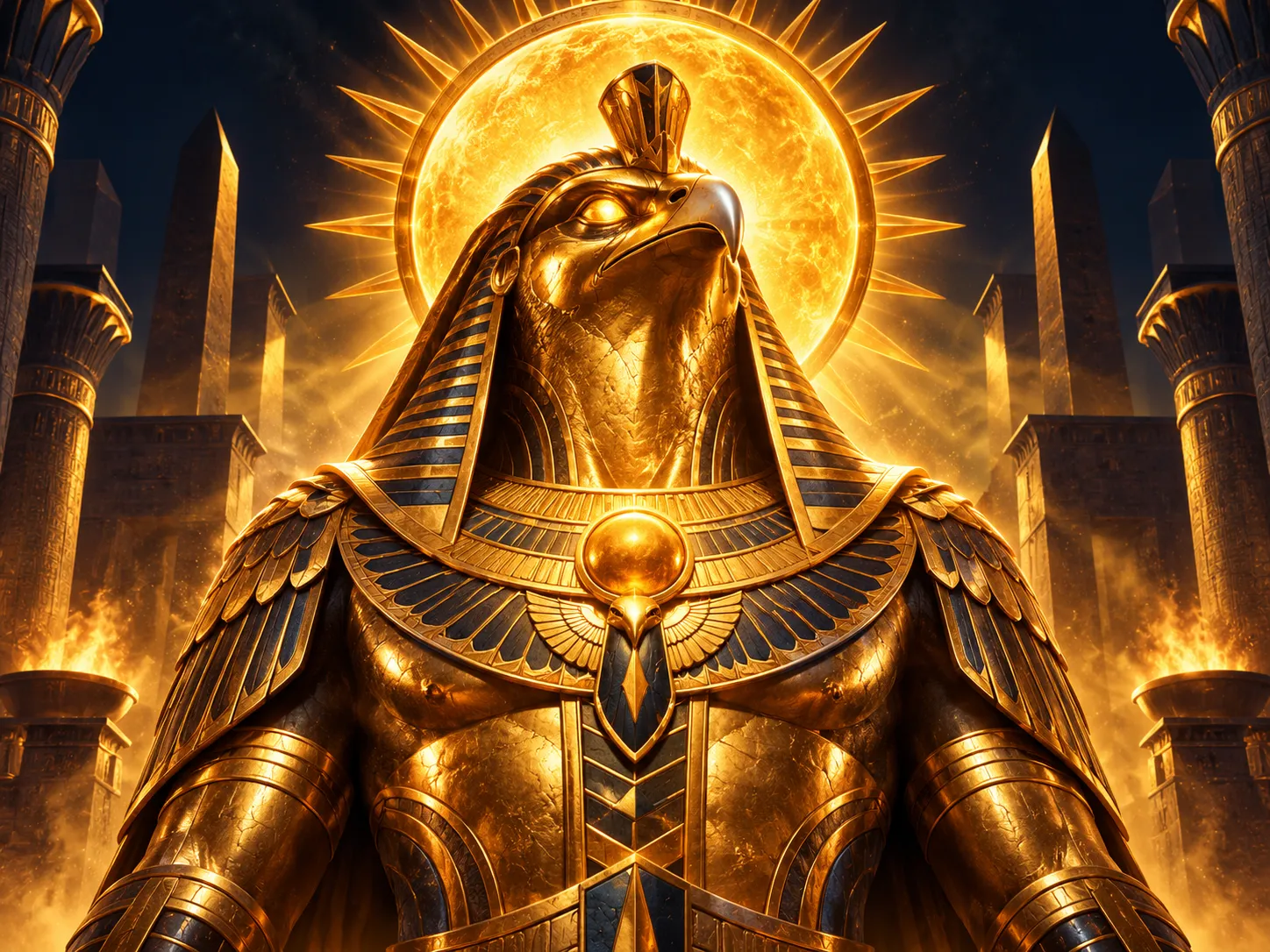 Glowing 3D golden Ra statue centred on dark navy background with dramatic warm gold cinematic lighting, Egyptian sun god them