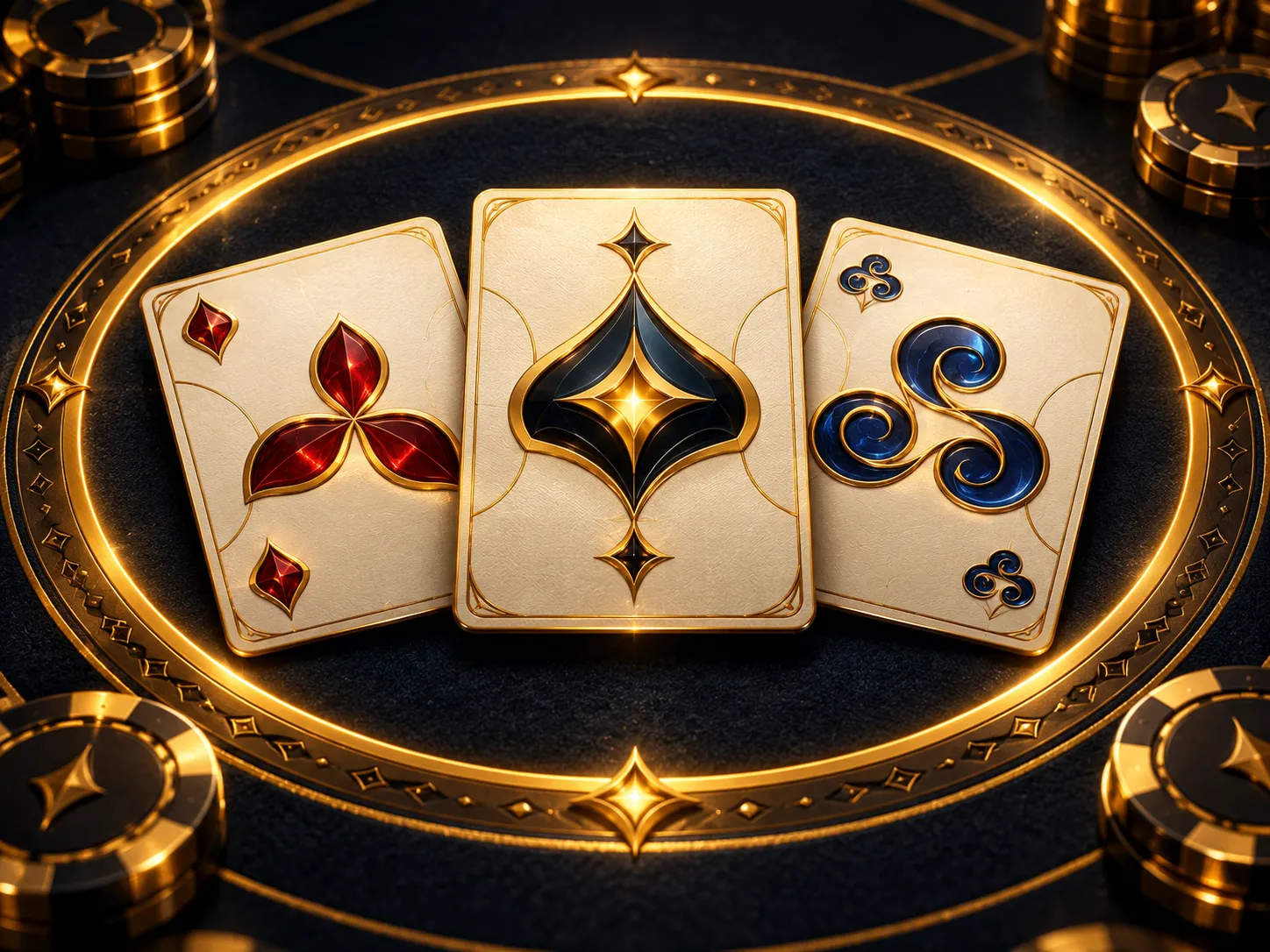 Three glossy playing cards face-up on dark navy-charcoal felt with a glowing warm gold bet circle, dramatic cinematic lightin