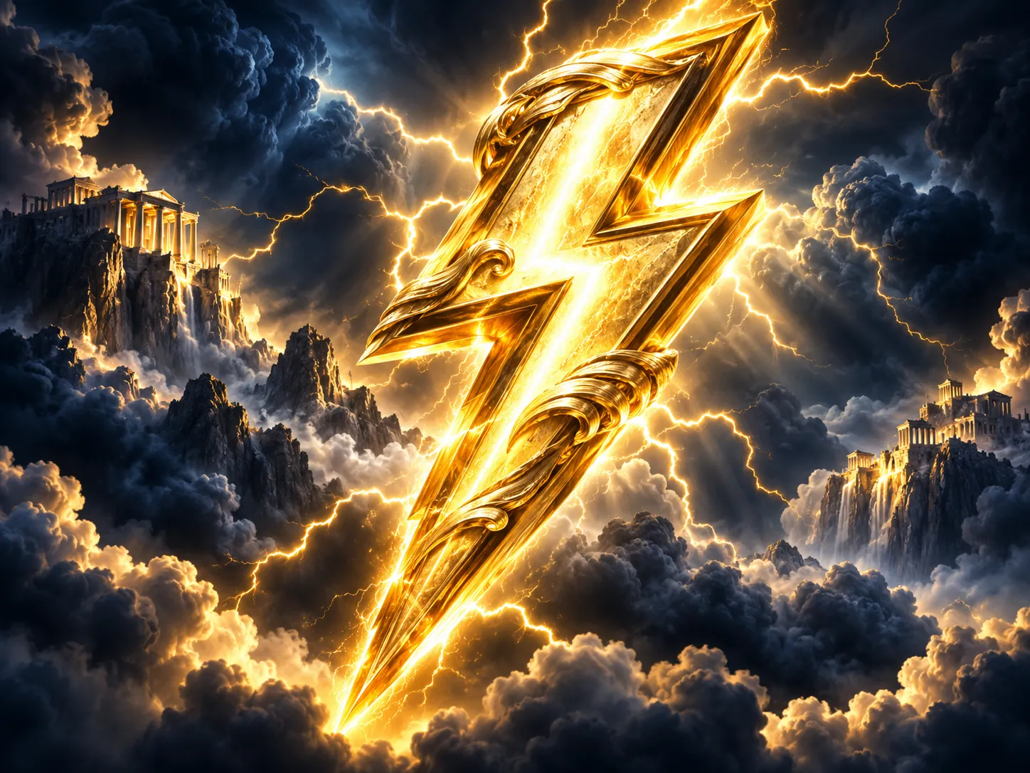 Dramatic golden lightning bolt crackling over dark stormy clouds against a deep navy-charcoal background in bold 3D render