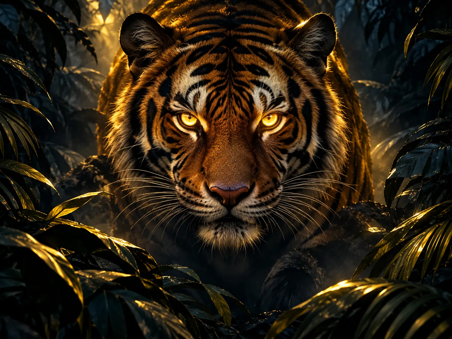Glowing golden tiger eyes emerge from a dark jungle canopy, dramatically lit against a deep navy-charcoal background with war