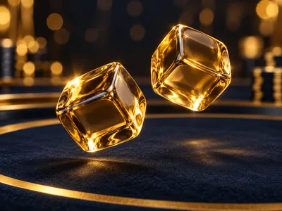 Pair of translucent gold dice suspended mid-air over dark navy felt surface with warm golden bokeh and cinematic lighting