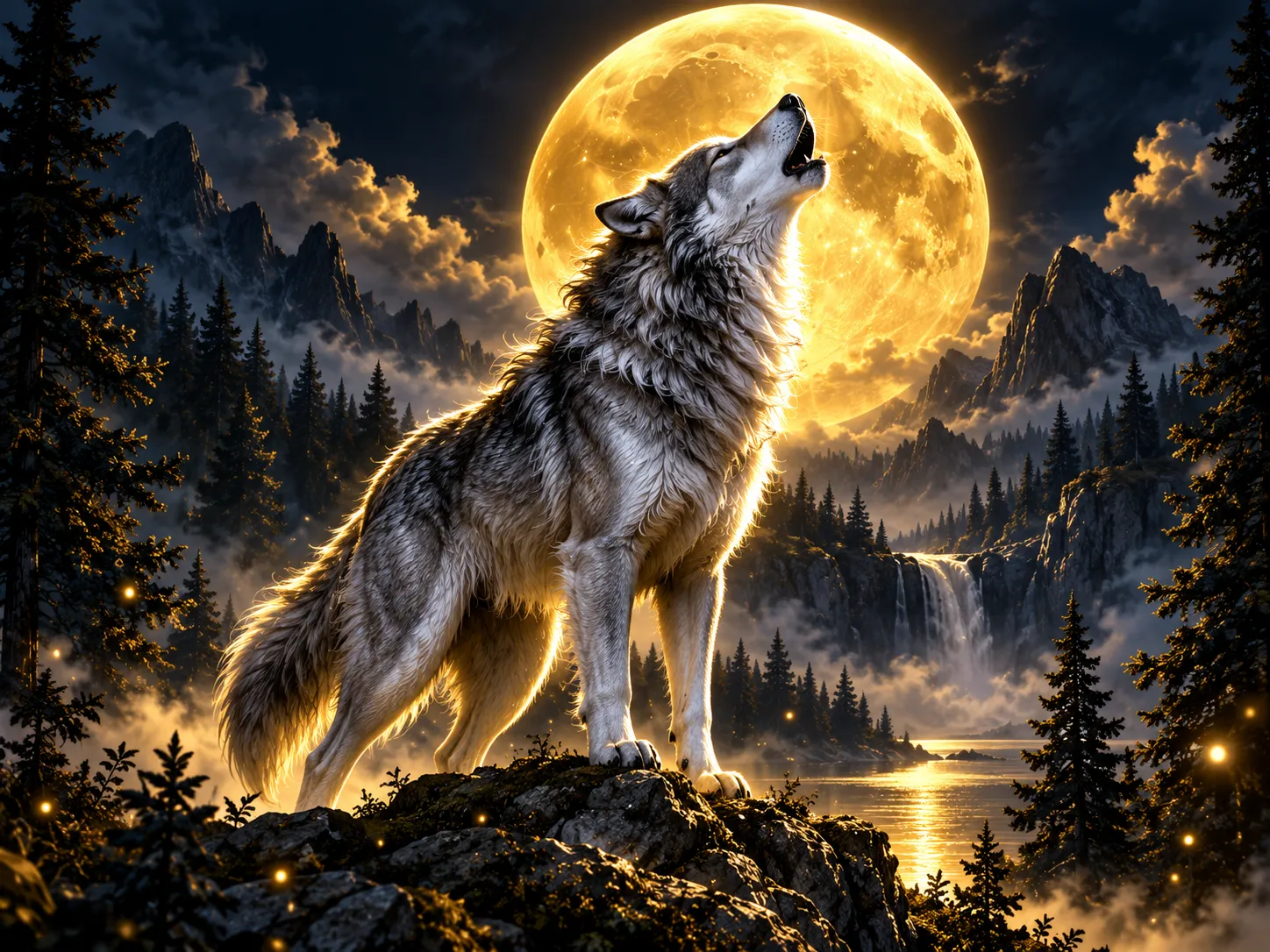 Silver wolf howling under a glowing gold moon in a dark cinematic forest, bold 3D render on deep navy background